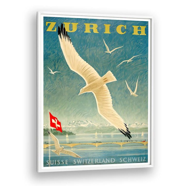 ZURICH, VINTAGE TRAVEL POSTERS showcase a stunning Swiss landscape with soaring birds and vibrant colors.