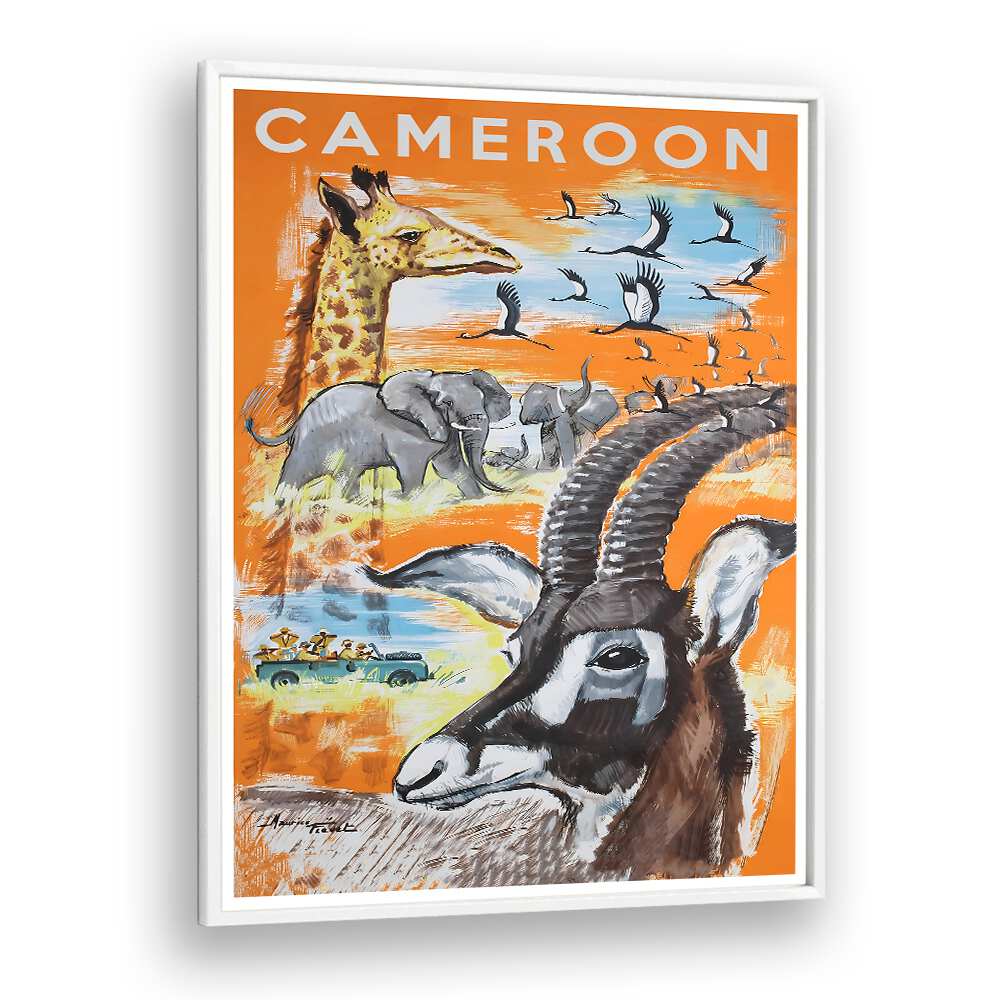 Colorful CAMEROON, VINTAGE TRAVEL POSTERS feature wildlife and landscapes, perfect for home or office décor.