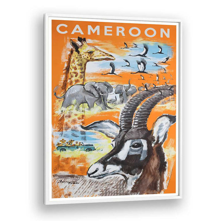 Colorful CAMEROON, VINTAGE TRAVEL POSTERS feature wildlife and landscapes, perfect for home or office décor.