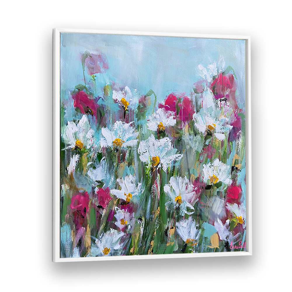 Vibrant WHITE DAISIES AND PINK BLOSSOMS, FLORAL FLOWER PAINTINGS for a serene botanical retreat. Perfect for any space!