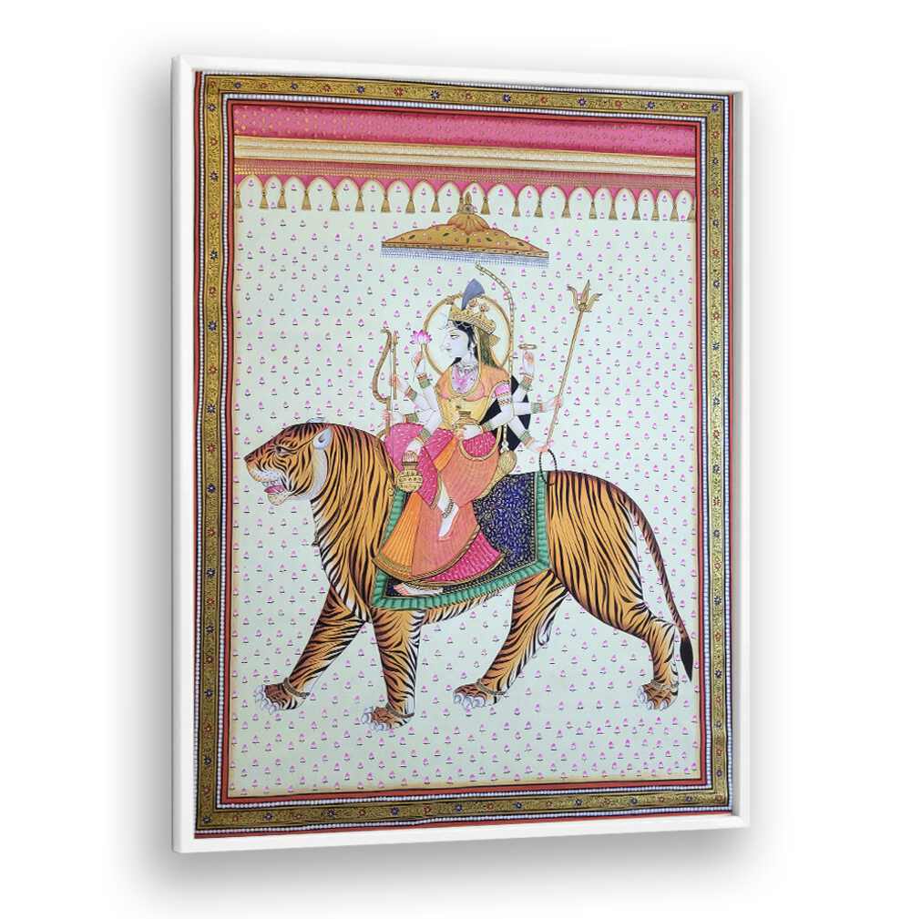 Vibrant MAA DURGA, INDIAN ART PAINTINGS depicting Goddess Durga on a tiger, perfect for enhancing your decor.