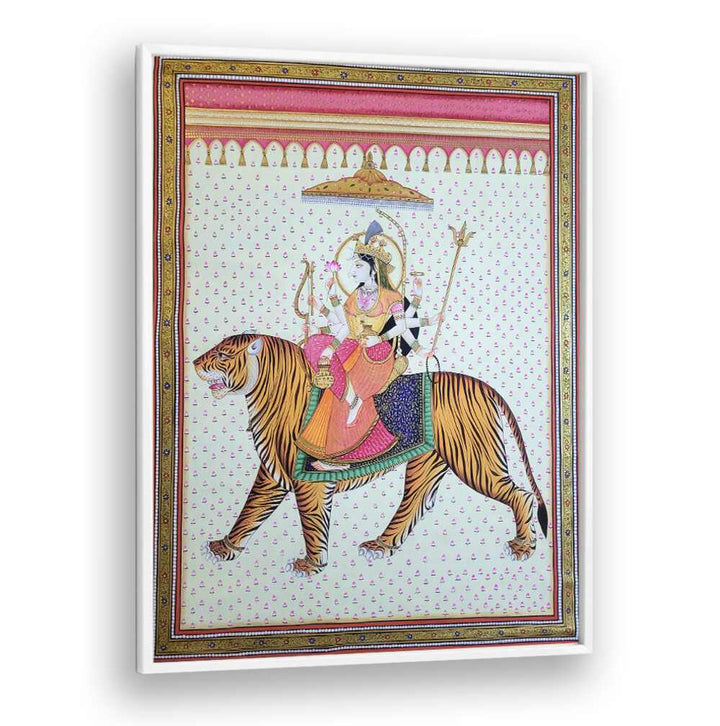 Vibrant MAA DURGA, INDIAN ART PAINTINGS depicting Goddess Durga on a tiger, perfect for enhancing your decor.