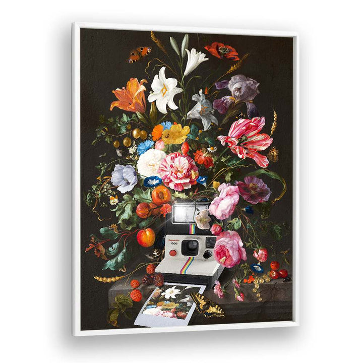 Colorful floral arrangement with a vintage camera, highlighting the FLORAL INSTANT PHOTO, FLORAL FLOWER PAINTINGS by Dikhotomy.