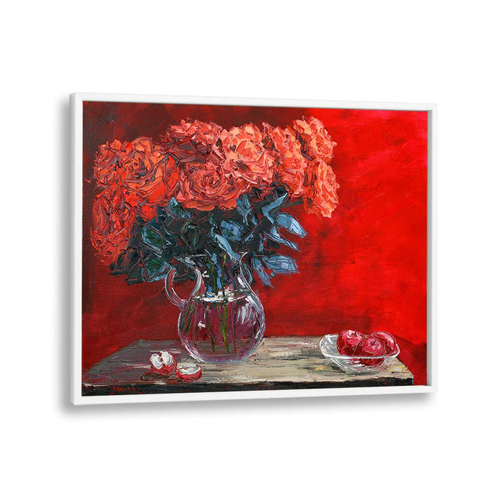 VIBRANT FLOWER SCENT, FLORAL FLOWER PAINTINGS showcase a striking vase of red roses against a bold backdrop.