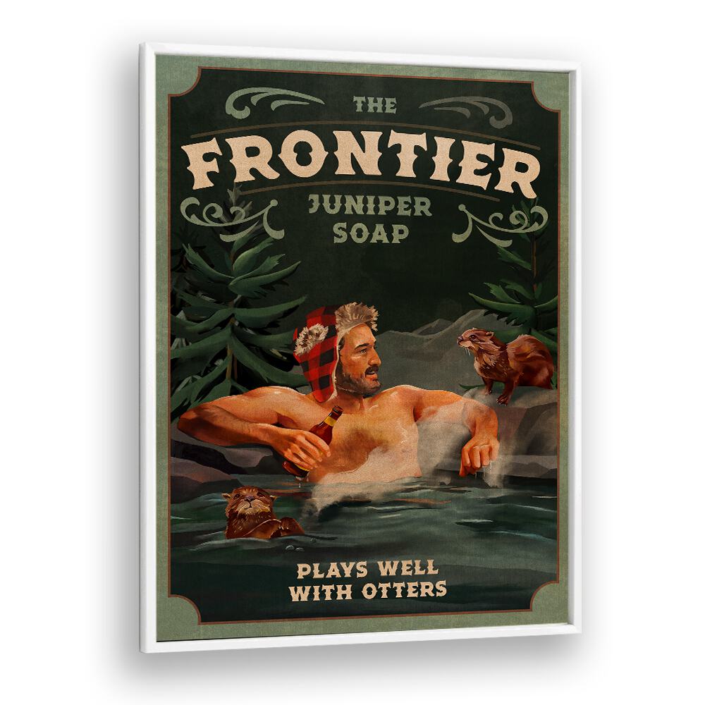 Frontier man with otters, bar art print brings outdoor adventure vibes to your space, perfect for any café decor.