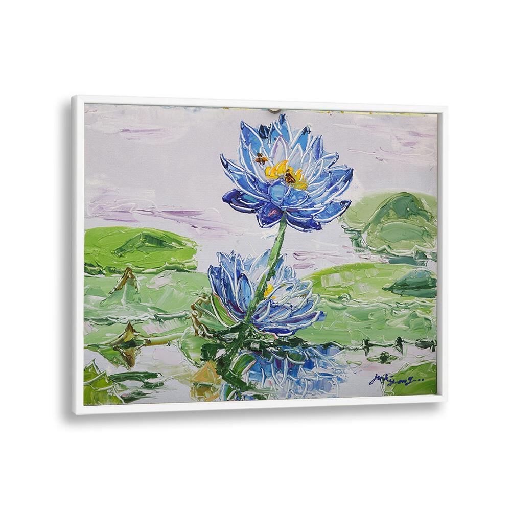 Stunning LOTUS FLOWER CANVAS, FLORAL FLOWER PAINTINGS featuring vibrant blue blooms and serene lily pads.