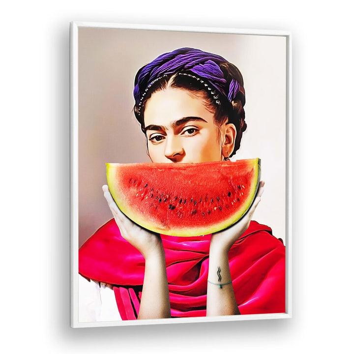 Colorful Watermelon Frida altered art prints by Dikhotomy celebrate Frida Kahlo's vibrant spirit and culture.