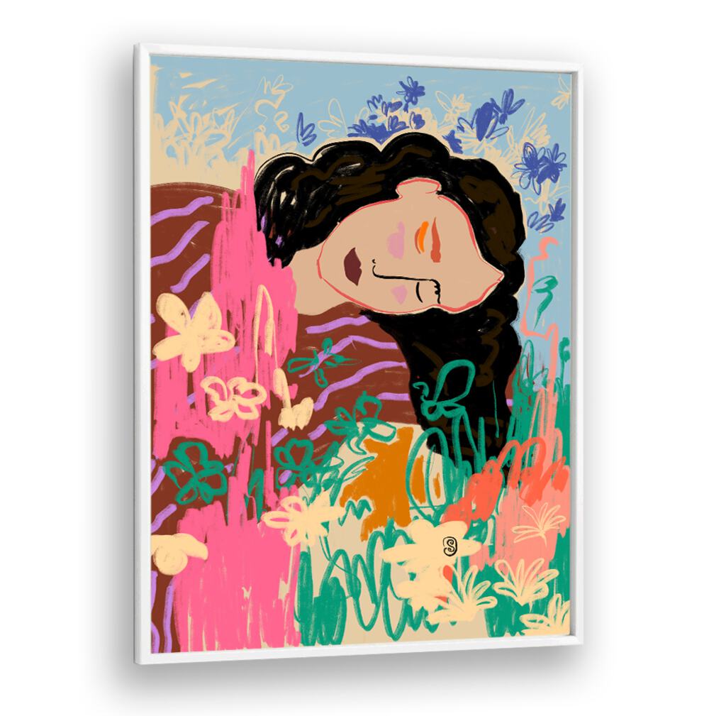 Vibrant art print titled "DAY DREAMING, VIBRANT," featuring a serene woman surrounded by colorful flowers.