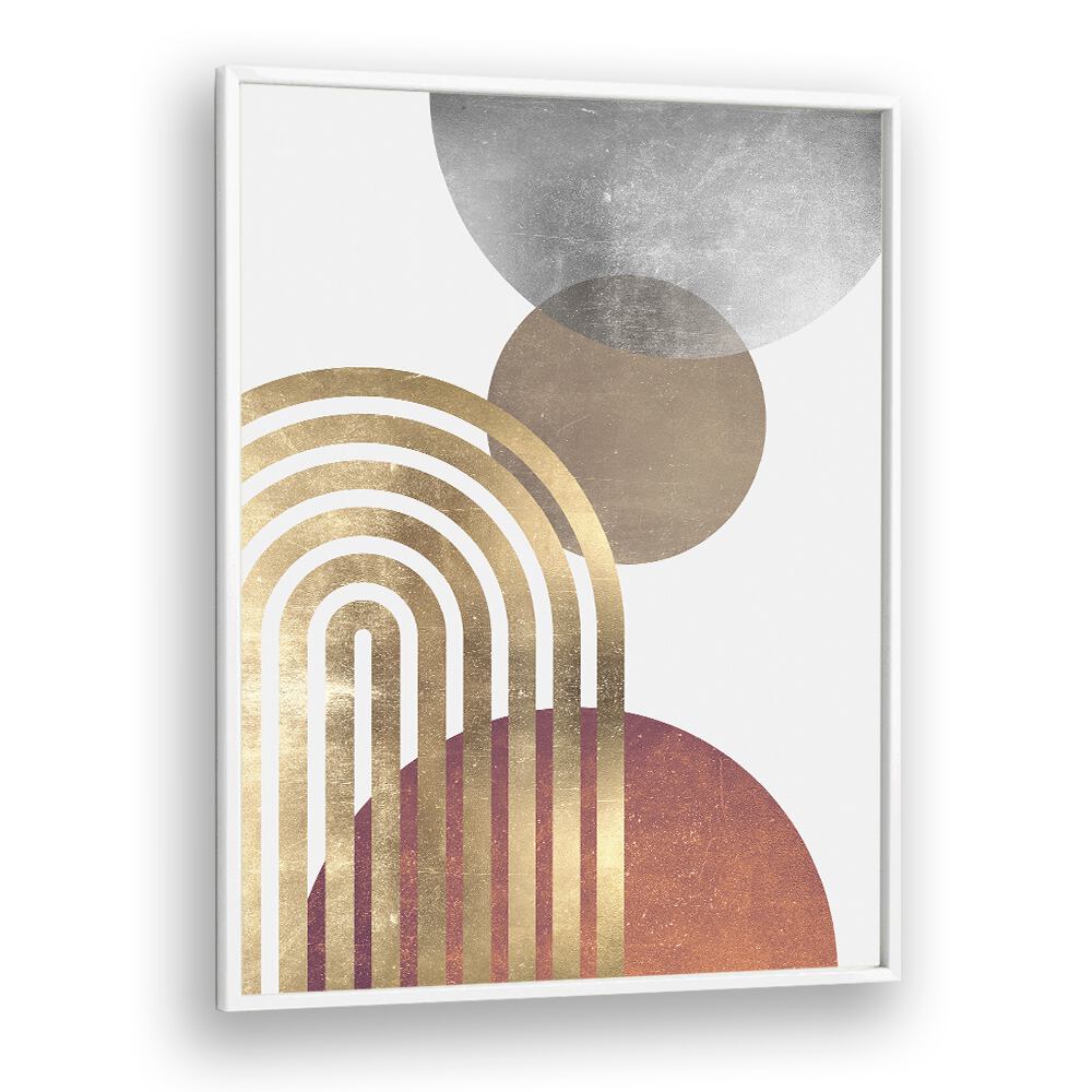 Stylish gold and colored shapes feature in COMPOSITION LINES AND CIRCLES II, BOHO ART PAINTINGS for modern decor.