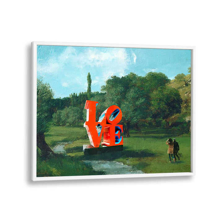 Vibrant scene featuring "THE LOVE FOUND, ALTERED ART PRINTS" with a striking love sculpture in a serene landscape.