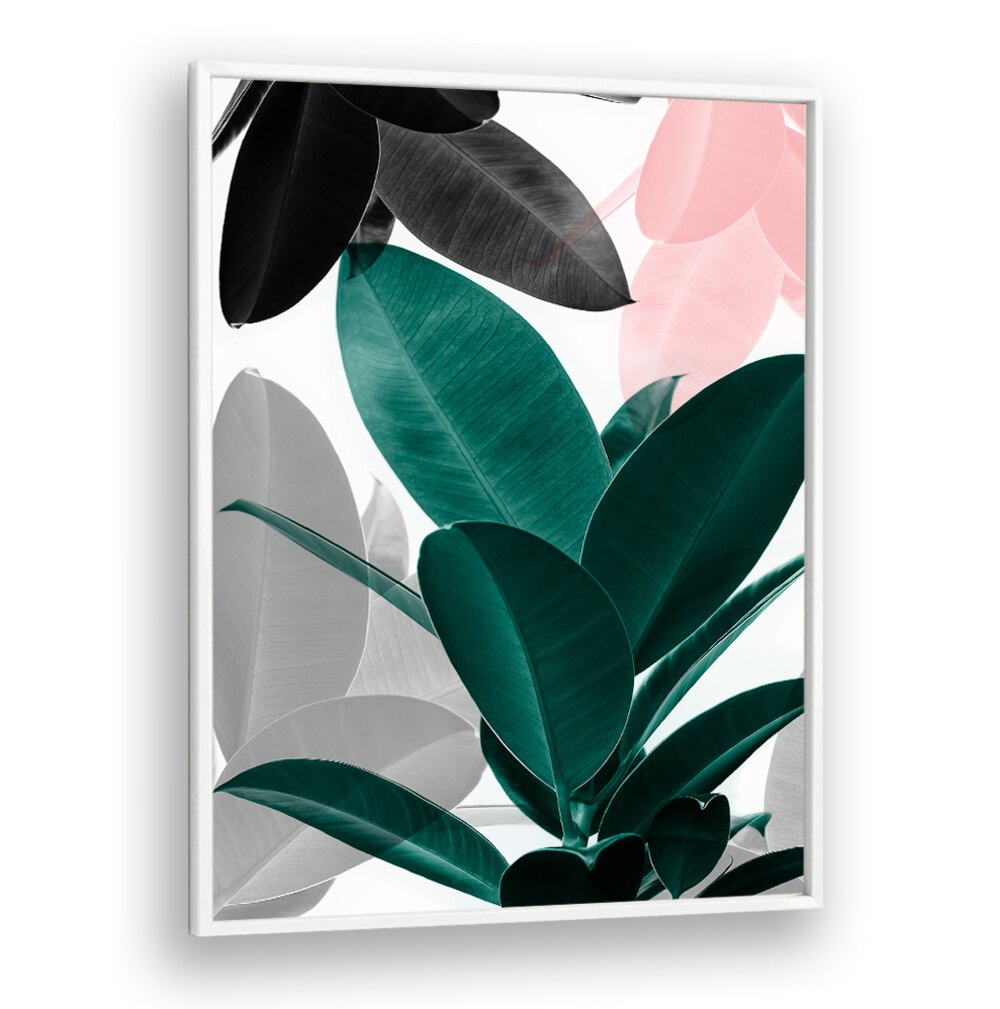Bold green leaves in a modern design, perfect for enhancing spaces with LEAF PLAY, FLORAL FLOWER PAINTINGS.