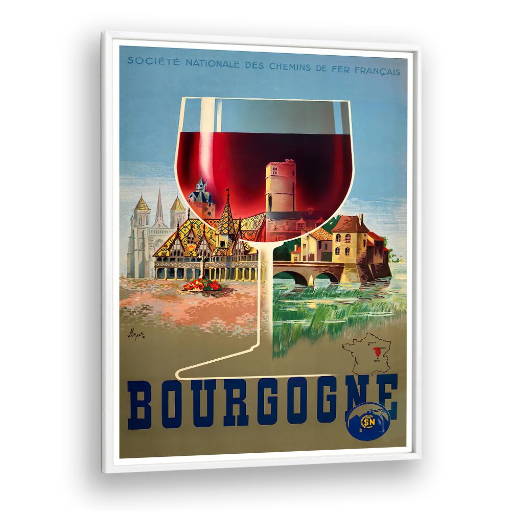 Elegant BOURGOGNE Vintage Travel Posters showcase the beauty of vineyards and historic towns in France.