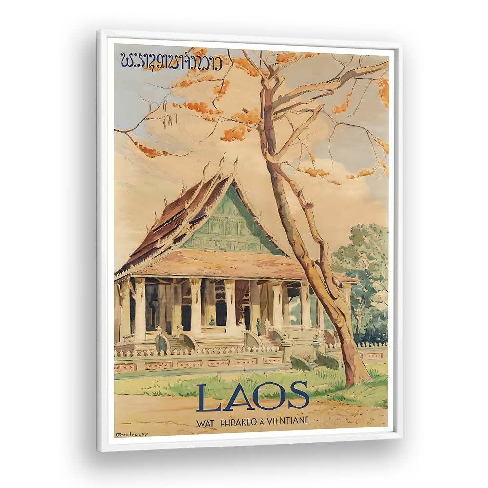 Capture the charm of Laos with LAOS I, VINTAGE TRAVEL POSTERS featuring Wat Phra Keo in Vientiane. Perfect decor!