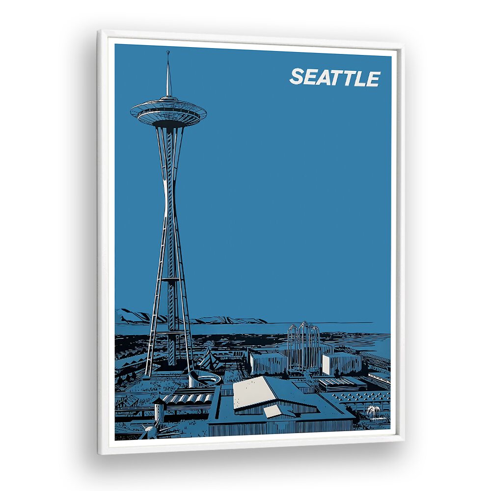 Stunning SEATTLE, VINTAGE TRAVEL POSTERS showcasing the iconic Space Needle against a vibrant blue background.