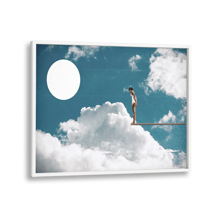A figure stands on a diving board above clouds in "SURREAL REVERIE," a stunning art print by UNDERDOTT.