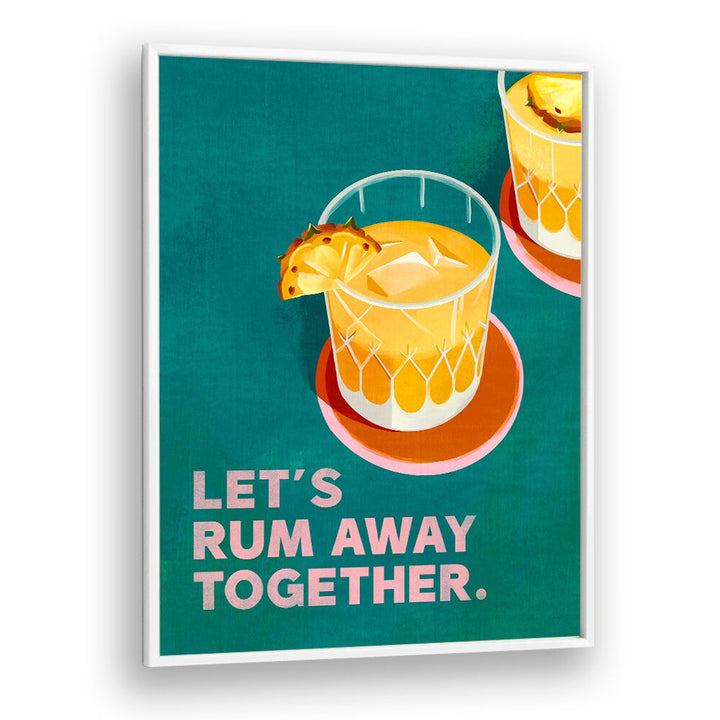 Bright cocktail art featuring "RUM AWAY TOGETHER, BAR" elevates any home bar or kitchen space. Perfect for entertaining!