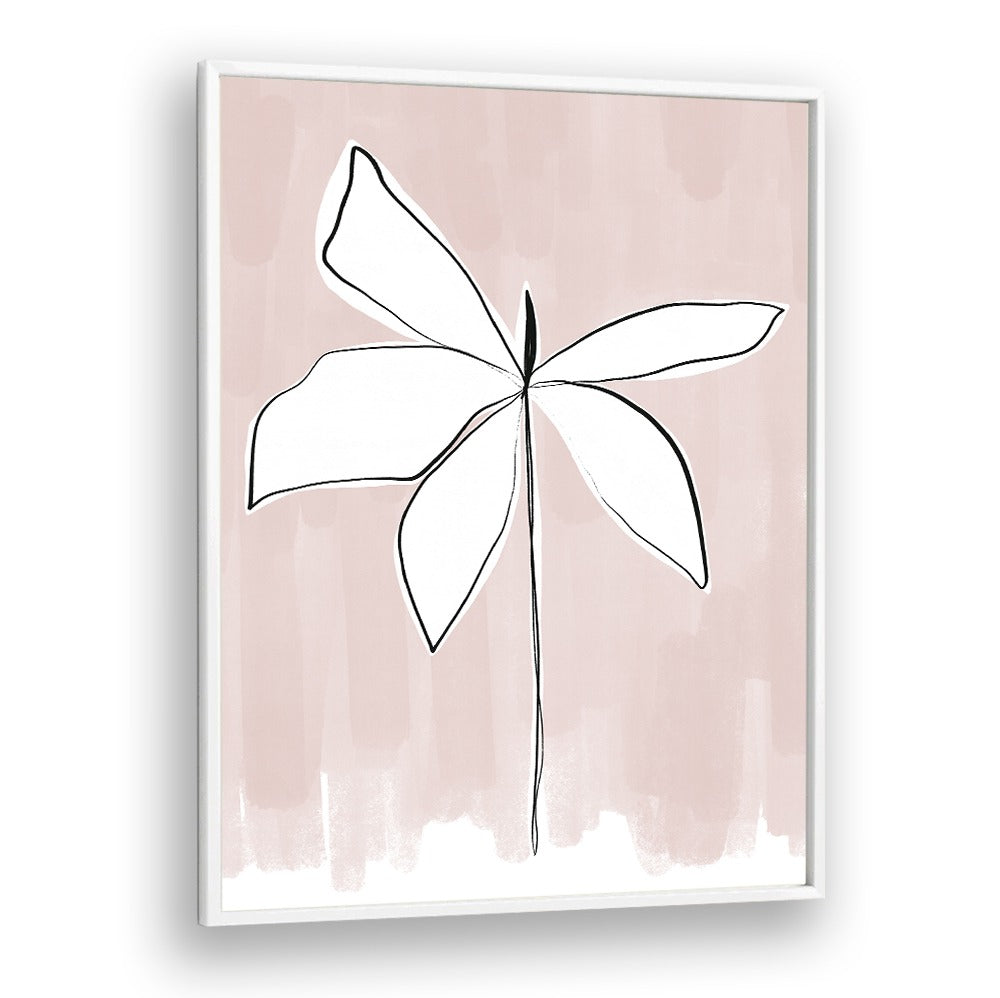Minimalist white floral line art on blush background framed PETAL WHISPERS , FLORAL FLOWER PAINTINGS