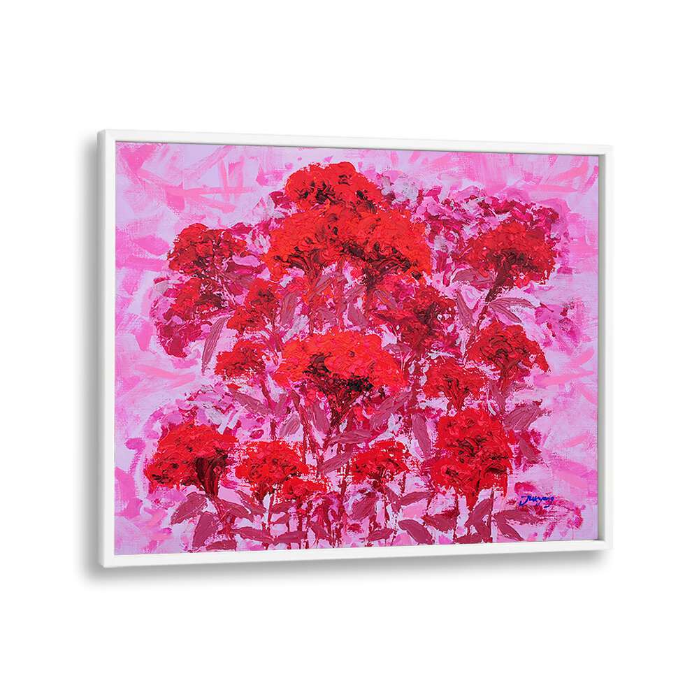 Vibrant COCKSCOMB CANVAS, FLORAL FLOWER PAINTINGS featuring bold red blooms on a pink background, perfect for decor.