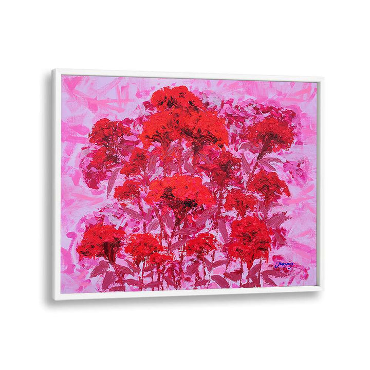Vibrant COCKSCOMB CANVAS, FLORAL FLOWER PAINTINGS featuring bold red blooms on a pink background, perfect for decor.