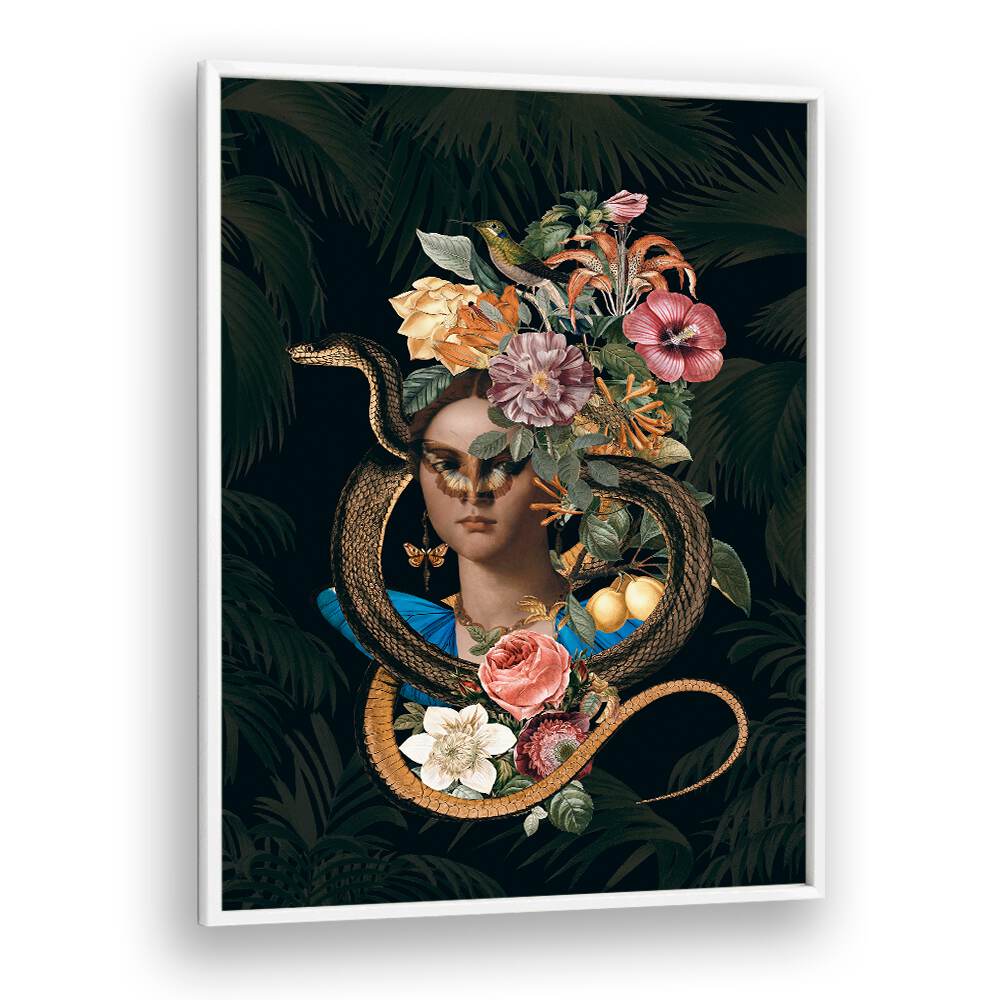 Stunning SNAKE PRINCESS, ALTERED ART PRINTS by Andrea Haase, blending fantasy and elegance with vibrant floral elements.