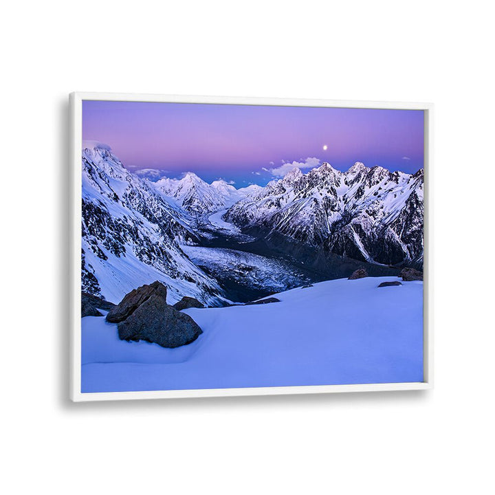 Majestic snow-capped mountains at dusk, perfect for A STATE OF TRANQUILITY, PHOTOGRAPHY PRINTS. Embrace nature's calm.