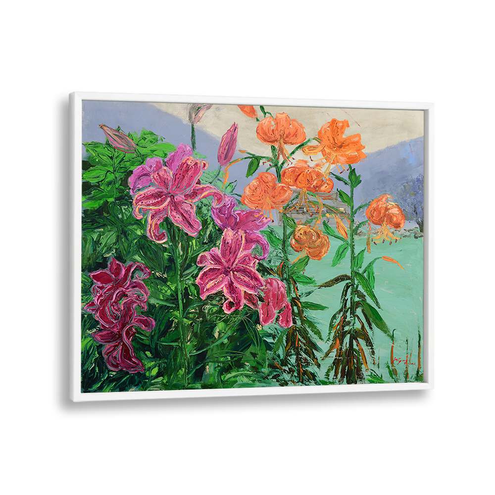 Vibrant PINK AND ORANGE LILIES, FLORAL FLOWER PAINTINGS showcasing lively colors and lush greenery. Perfect for decor.