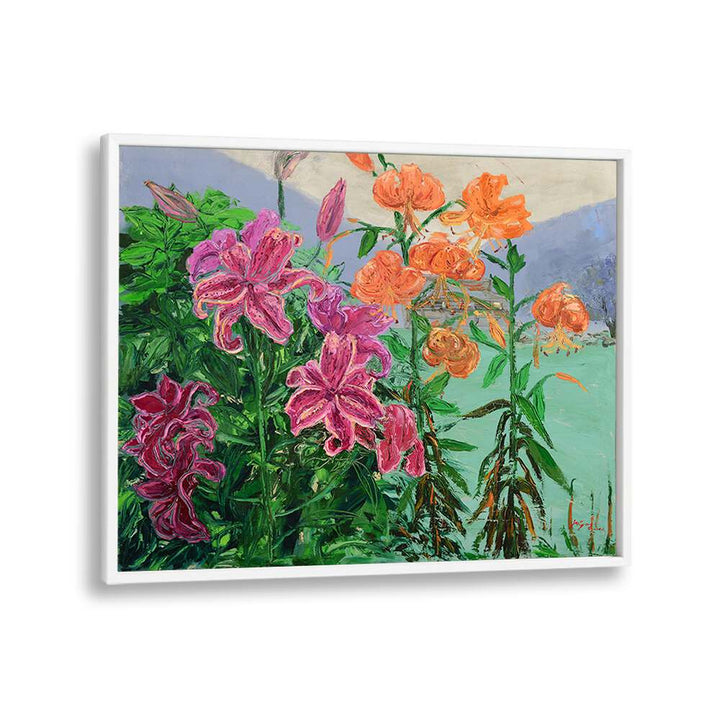 Vibrant PINK AND ORANGE LILIES, FLORAL FLOWER PAINTINGS showcasing lively colors and lush greenery. Perfect for decor.