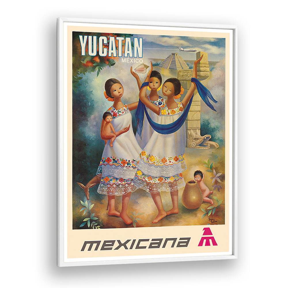 Vibrant MEXICANA YUCATAN, VINTAGE TRAVEL POSTERS showcasing culture and landscapes of Mexico's Yucatan Peninsula.