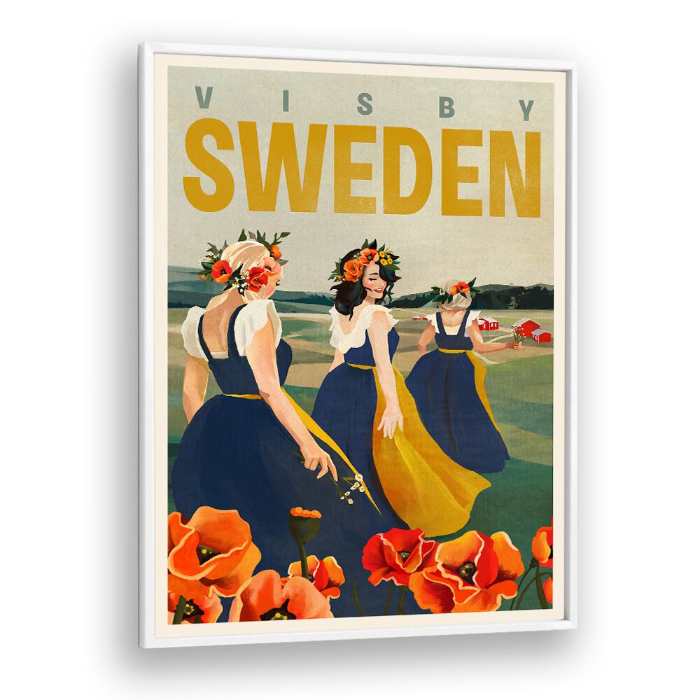 Vibrant SWEDEN FLOWER GIRLS, TRAVEL POSTERS showcasing elegant women in traditional dress against a picturesque backdrop.