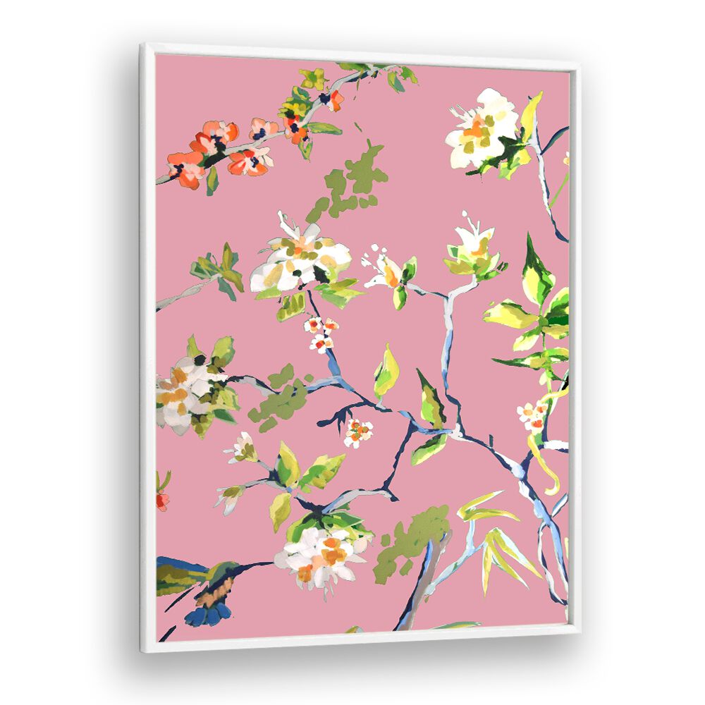 Elegant DINING ROOM WALLS PINK I, FLORAL FLOWER PAINTINGS featuring vibrant floral designs on a soft pink background.