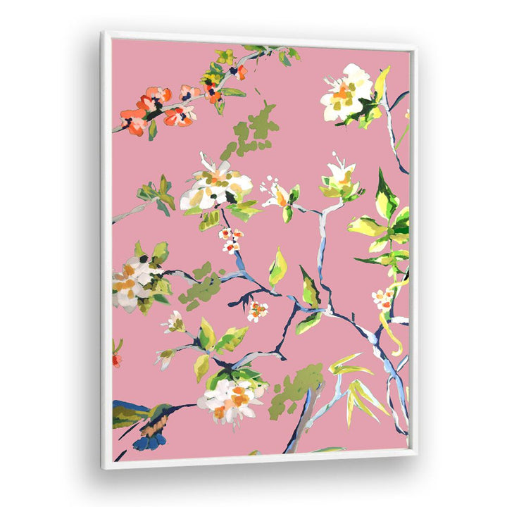 Elegant DINING ROOM WALLS PINK I, FLORAL FLOWER PAINTINGS featuring vibrant floral designs on a soft pink background.