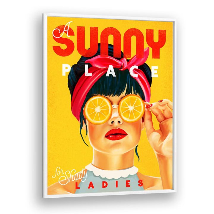 Vintage orange pinup art titled "A Sunny Place, Bar & Cafe," perfect for a charming decor touch.