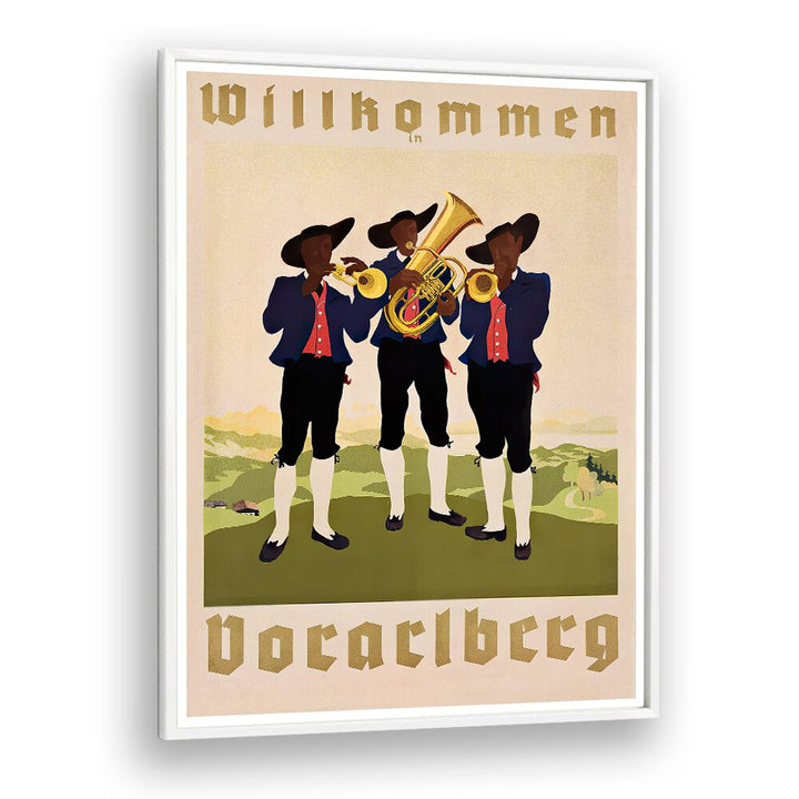WILLHOMMEN, VINTAGE TRAVEL POSTERS showcasing musicians in traditional attire, perfect for travel enthusiasts' decor.