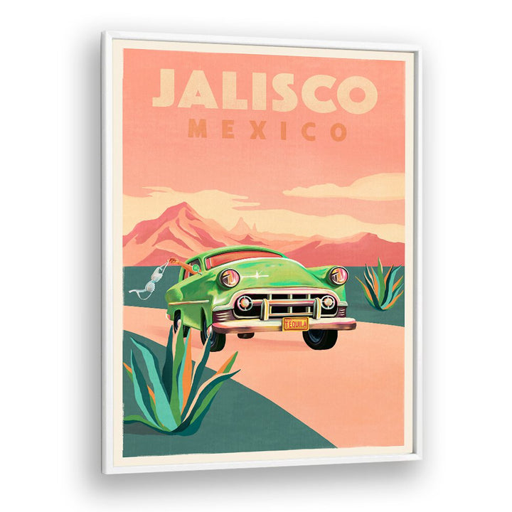 Vintage travel poster featuring a classic car and mountains, celebrating JALISCO MEXICO, TRAVEL POSTERS charm.