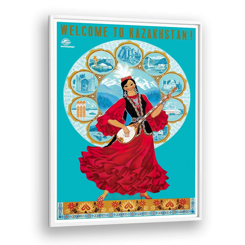 Colorful KAZAKHSTAN, VINTAGE TRAVEL POSTERS showcase traditional art and breathtaking landscapes of the country.