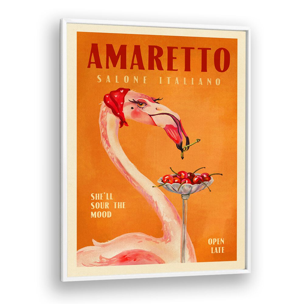 Vibrant Amaretto Flamingo, Bar art print capturing Italian café charm for stylish home decor.