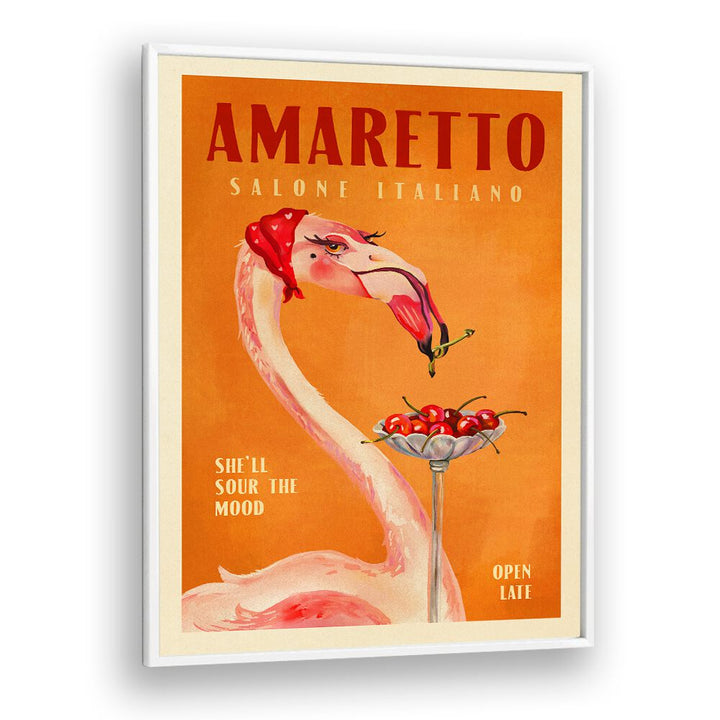 Vibrant Amaretto Flamingo, Bar art print capturing Italian café charm for stylish home decor.