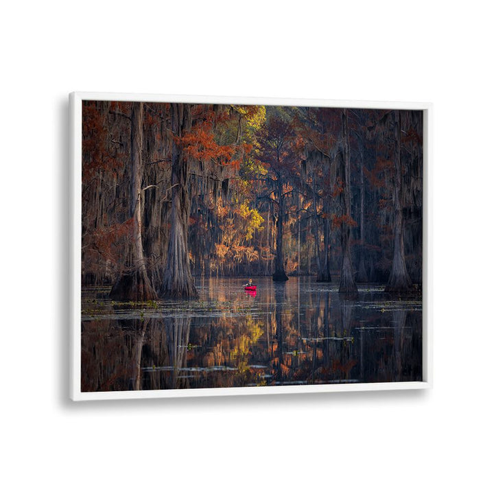 Serene scene of Caddo Lake with vibrant autumn colors, perfect for CADDO LAKE 2023, PHOTOGRAPHY PRINTS.