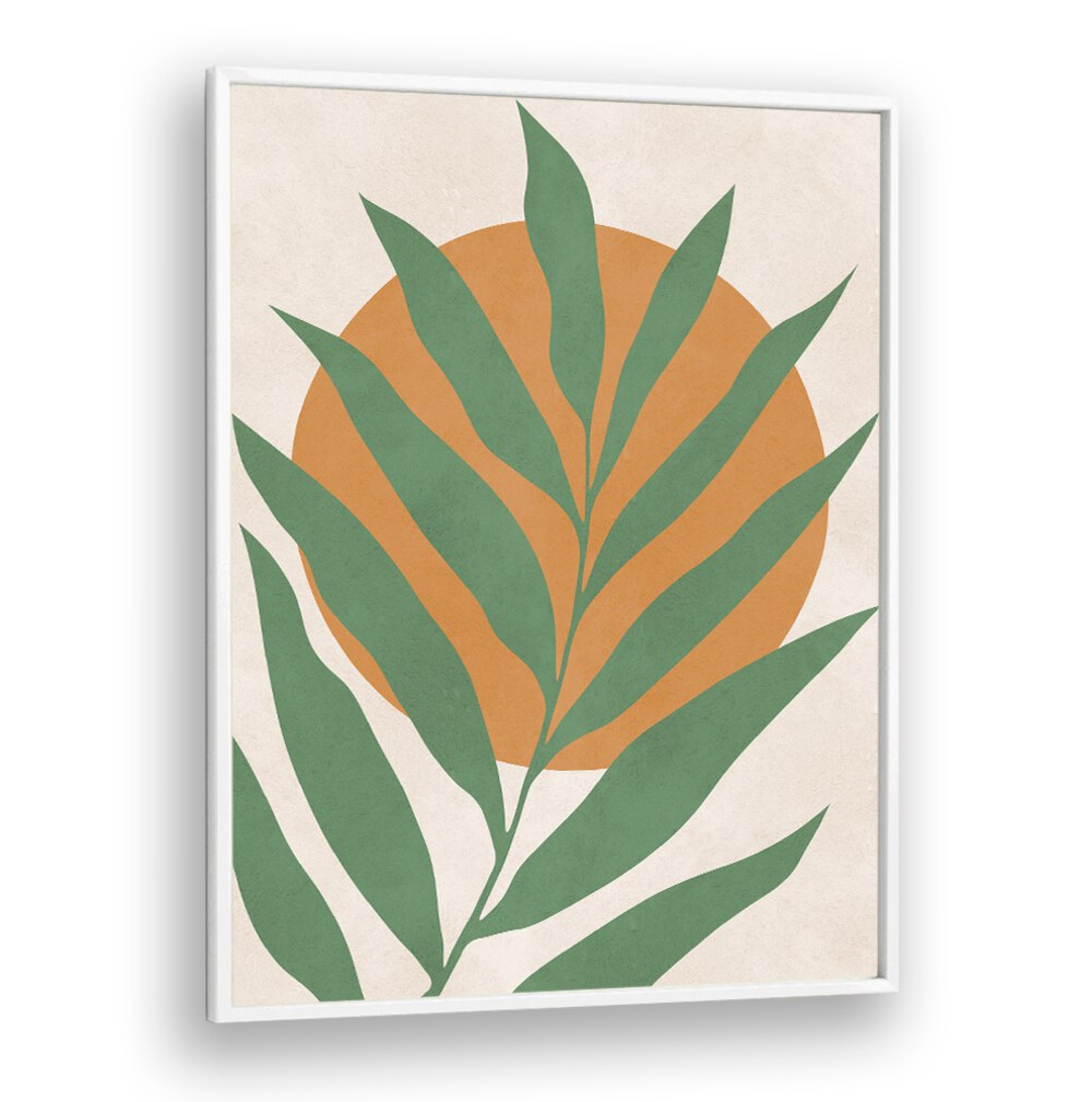 Vibrant TROPICAL III, BOHO ART PAINTINGS featuring lush green leaves and an orange sun, perfect for refreshing spaces.