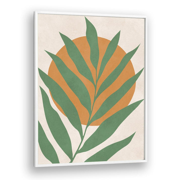 Vibrant TROPICAL III, BOHO ART PAINTINGS featuring lush green leaves and an orange sun, perfect for refreshing spaces.