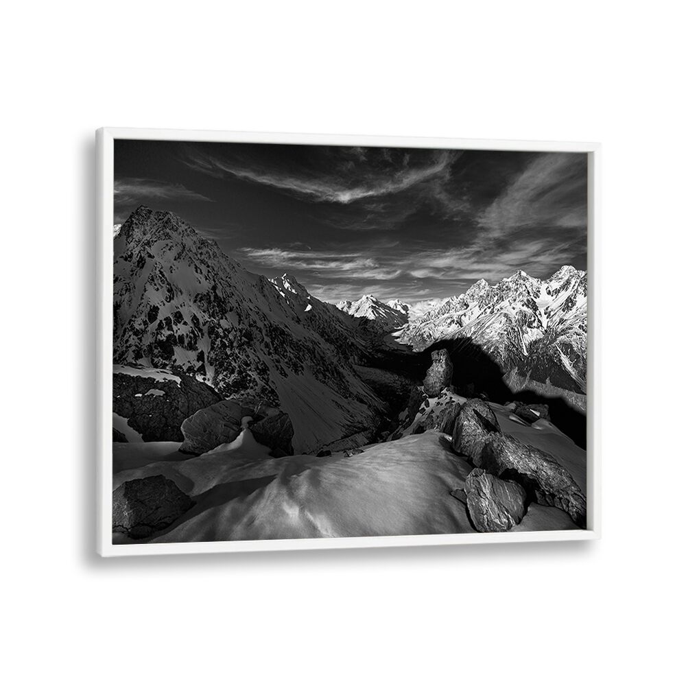 Stunning monochrome landscape showcasing majestic mountains, part of our SPECTRUM OF LIGHT, PHOTOGRAPHY PRINTS collection.