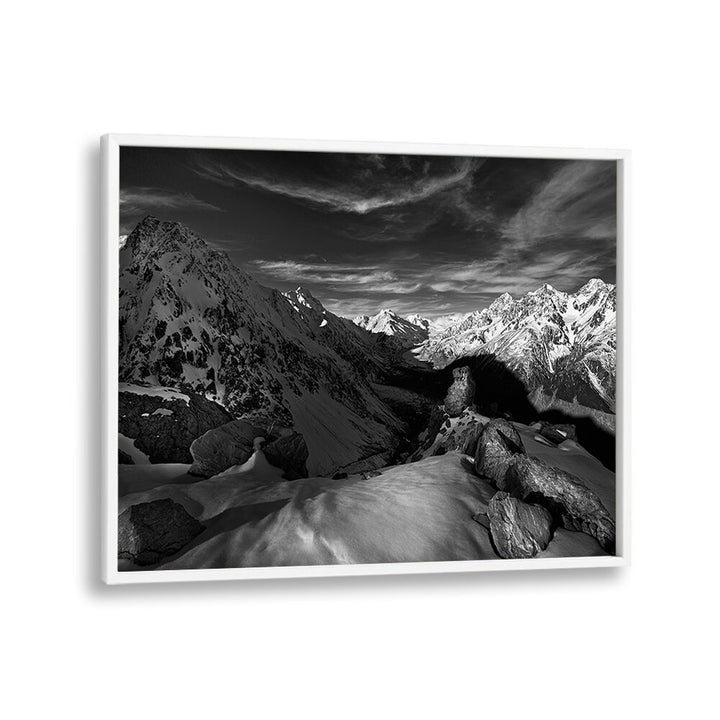 Stunning monochrome landscape showcasing majestic mountains, part of our SPECTRUM OF LIGHT, PHOTOGRAPHY PRINTS collection.