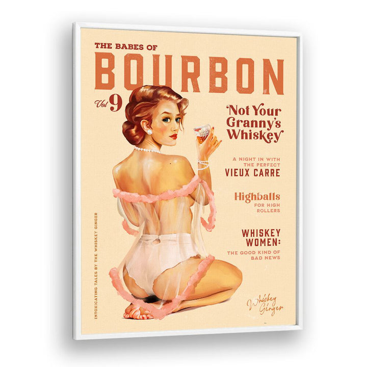 Vintage WHISKEY BABES, BAR art print showcasing charming pinup girls and spirited nightlife allure.