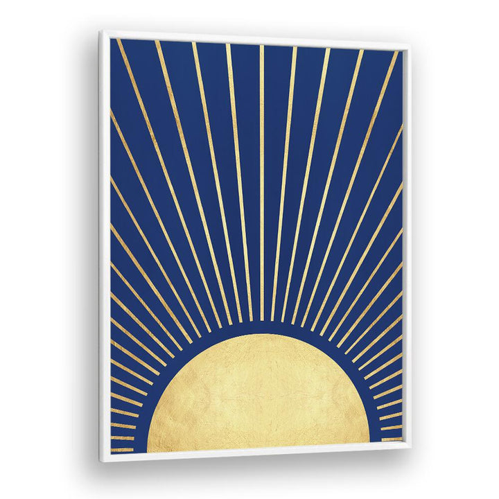 Stunning SUN RAYS I, GEOMETRIC ART PRINTS featuring golden rays on a deep blue background, perfect for uplifting decor.