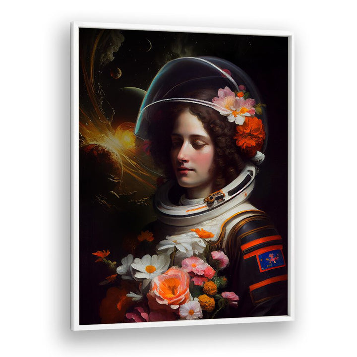 ASTRONAUT BEAUTY, ALTERED ART PRINTS by Dikhotomy features a cosmic scene with floral elegance and a female astronaut.