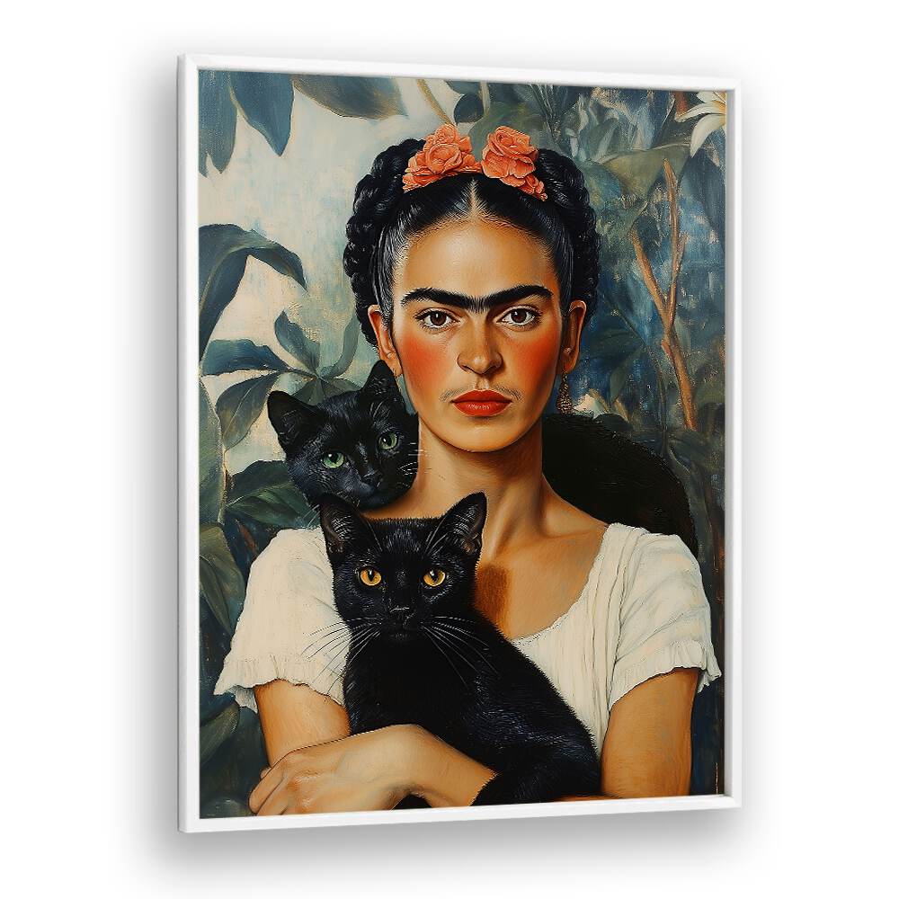 Whimsical FRIDA AND CATS, ALTERED ART PRINTS by Dikhotomy featuring Frida Kahlo with her beloved cats.