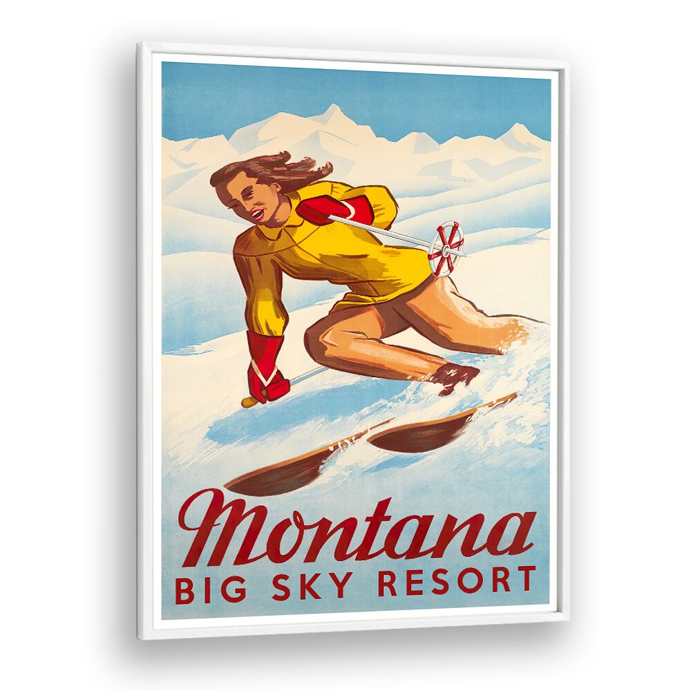 Vintage travel poster showcasing skiing at Montana's Big Sky Resort, perfect for nostalgic decor lovers. MONTANA, VINTAGE TRAVEL POSTERS.