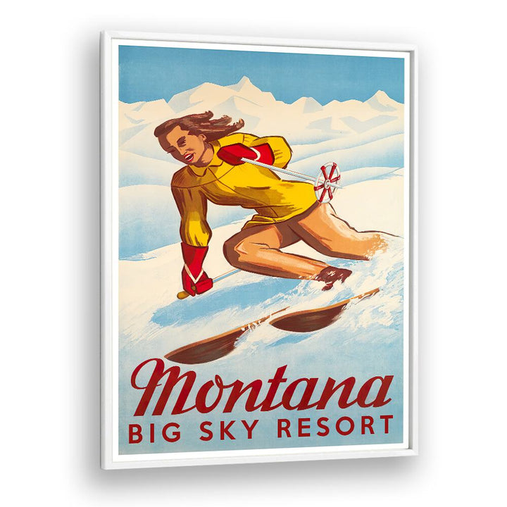 Vintage travel poster showcasing skiing at Montana's Big Sky Resort, perfect for nostalgic decor lovers. MONTANA, VINTAGE TRAVEL POSTERS.