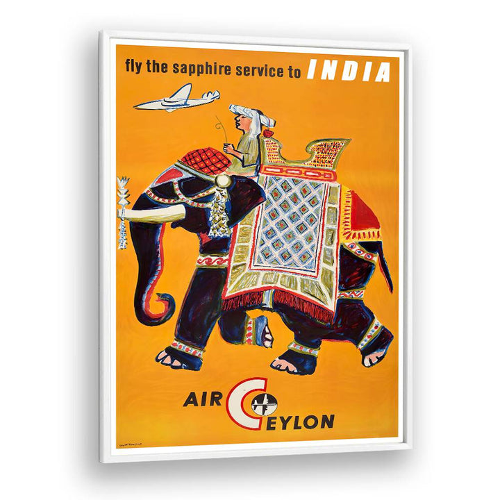 Colorful AIR CEYLON Vintage Travel Posters featuring an elephant and traveler, perfect for nostalgic wall art.