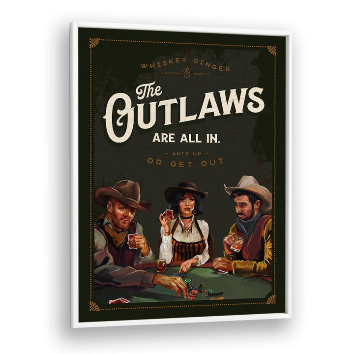 Vibrant OUTLAWS POKER, BAR art featuring cowboys at a poker table, perfect for decorating any rustic space.